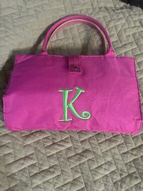 Monogrammed Pink Canvas Tote Bag with Green Initial